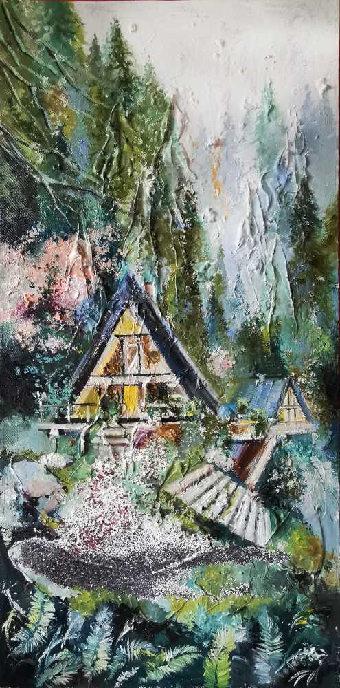 Emerald forest tiny house. Fairy forest green painting.